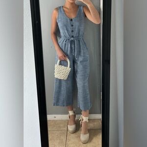 Chambray lightweight cropped wide leg jumpsuit M | coastal brunch casual